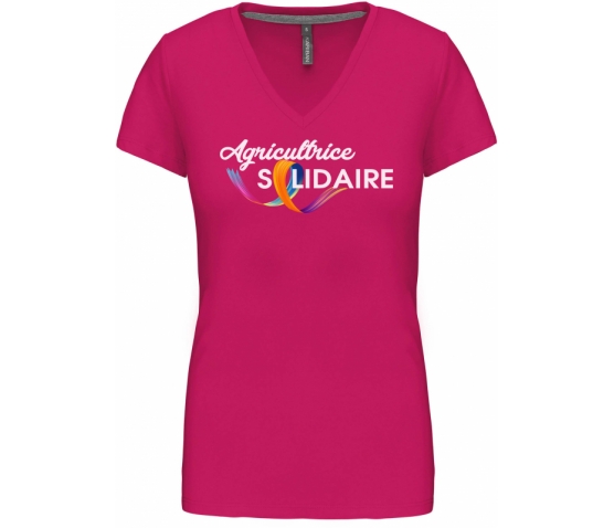 T-SHIRT COL V MANCHES COURTES FEMME - FUSHIA