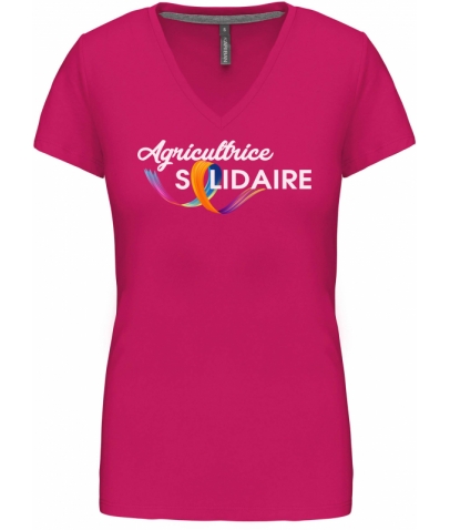 T-SHIRT COL V MANCHES COURTES FEMME - FUSHIA